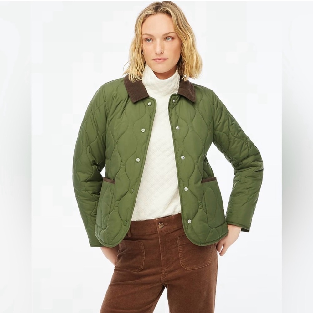 J. Crew Women’s Quilted Barn Jacket Green Brown Corduroy Collar Size Large